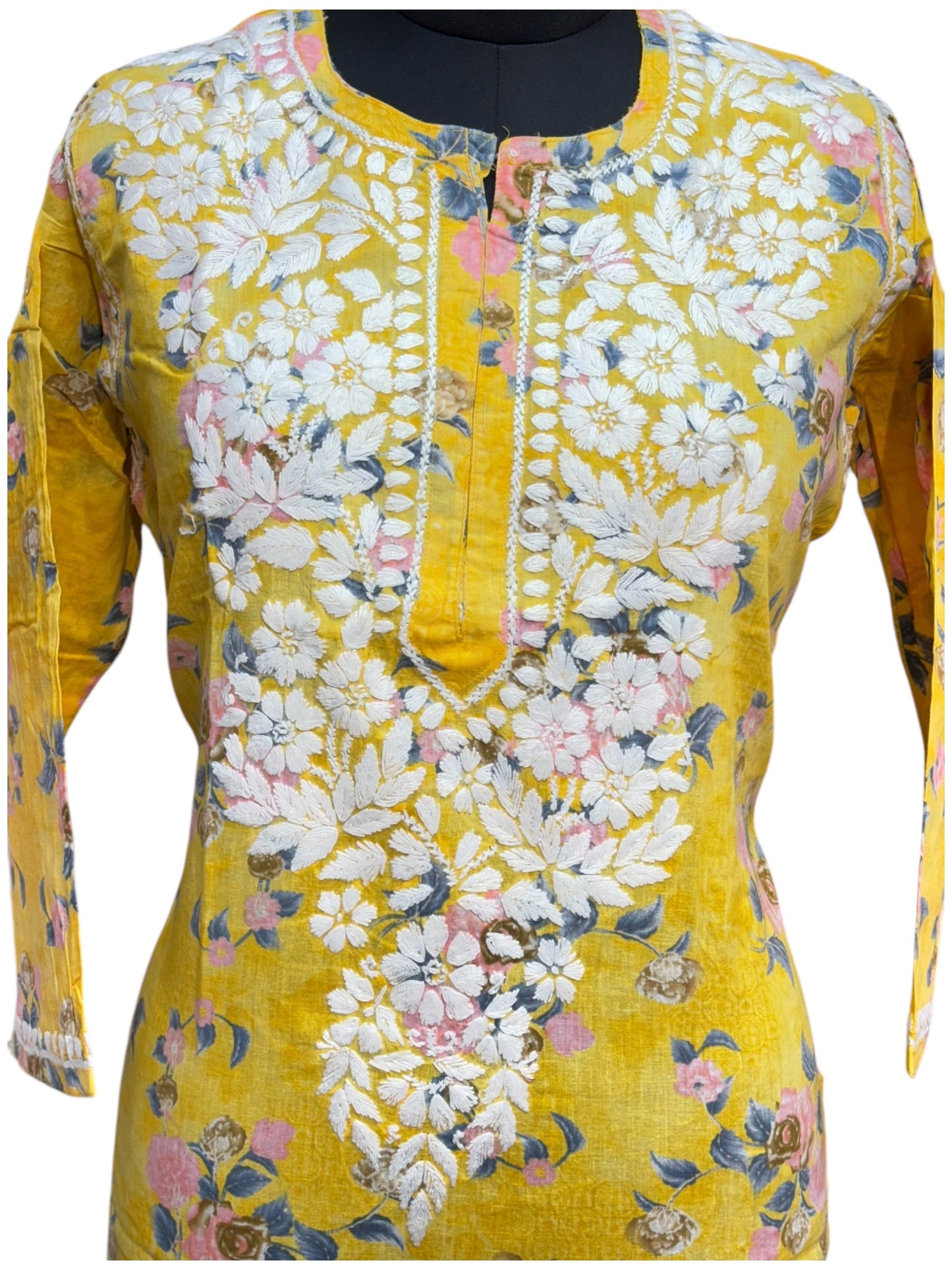 Graceful Printed Mulmul Chikankari Kurti with 3D Floral Embroidery