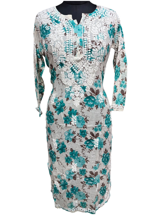Graceful Printed Mulmul Chikankari Kurti with 3D Floral Embroidery