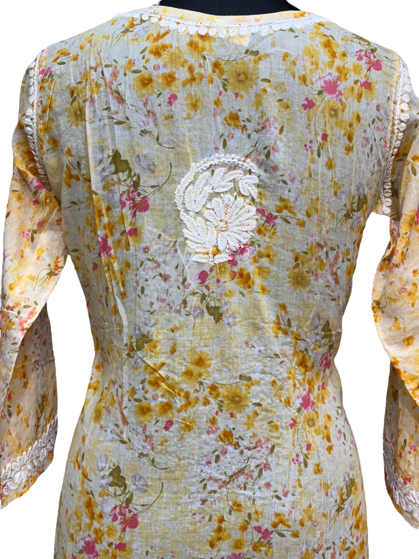Graceful Printed Mulmul Chikankari Kurti with 3D Floral Embroidery