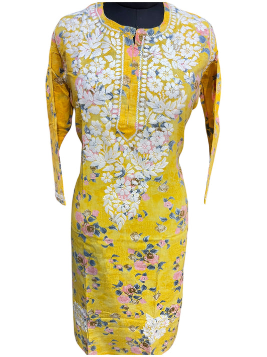 Graceful Printed Mulmul Chikankari Kurti with 3D Floral Embroidery