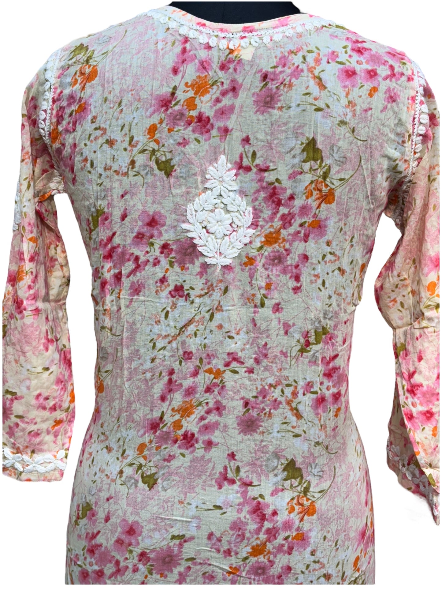 Graceful Printed Mulmul Chikankari Kurti with 3D Floral Embroidery