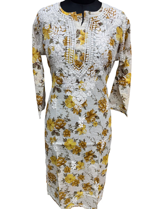 Graceful Printed Mulmul Chikankari Kurti with 3D Floral Embroidery