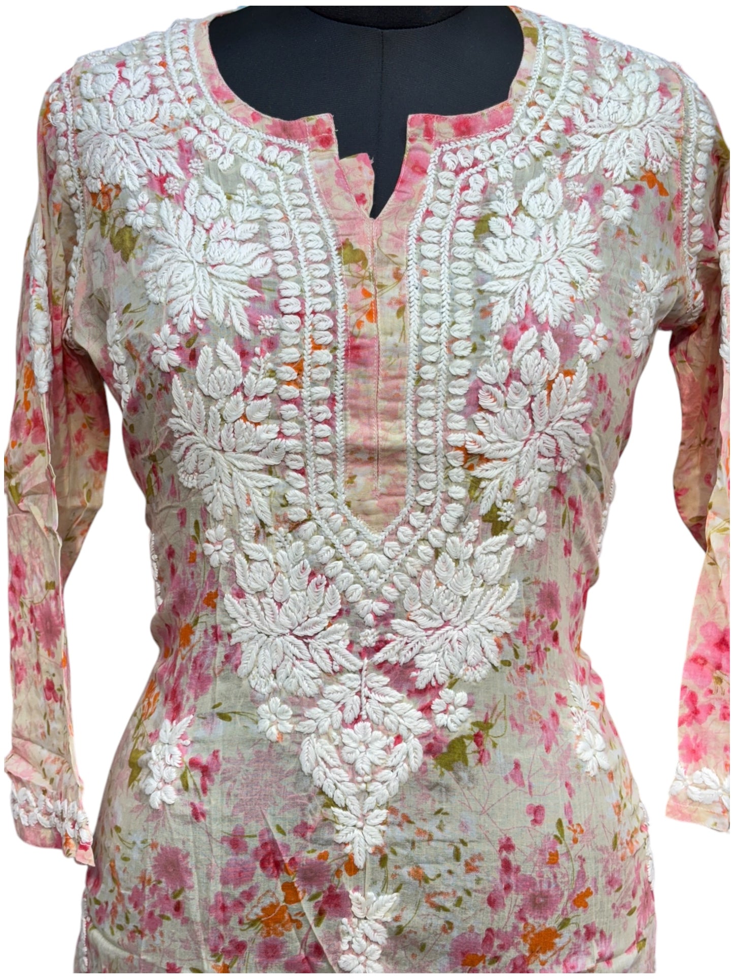 Graceful Printed Mulmul Chikankari Kurti with 3D Floral Embroidery