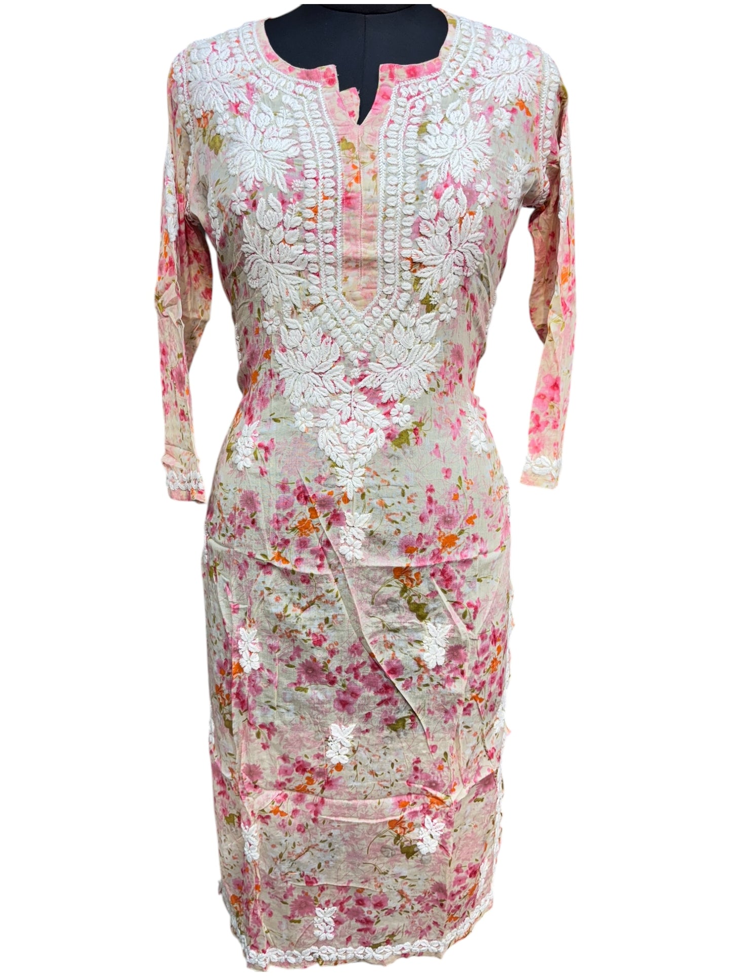 Graceful Printed Mulmul Chikankari Kurti with 3D Floral Embroidery