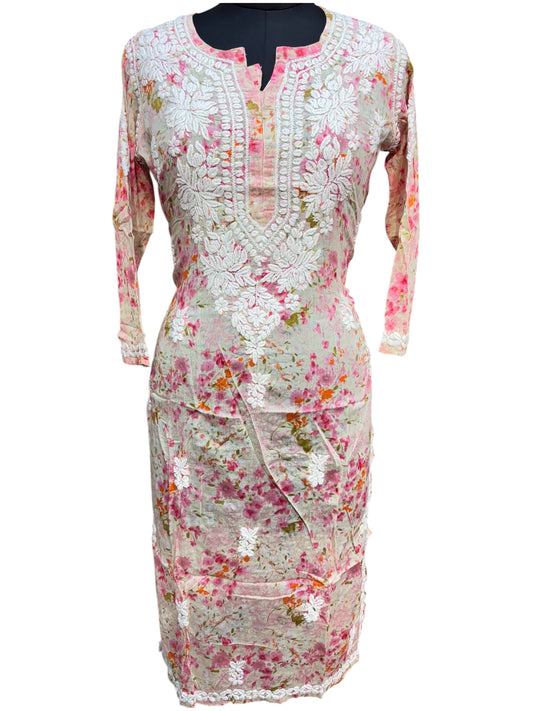 Graceful Printed Mulmul Chikankari Kurti with 3D Floral Embroidery