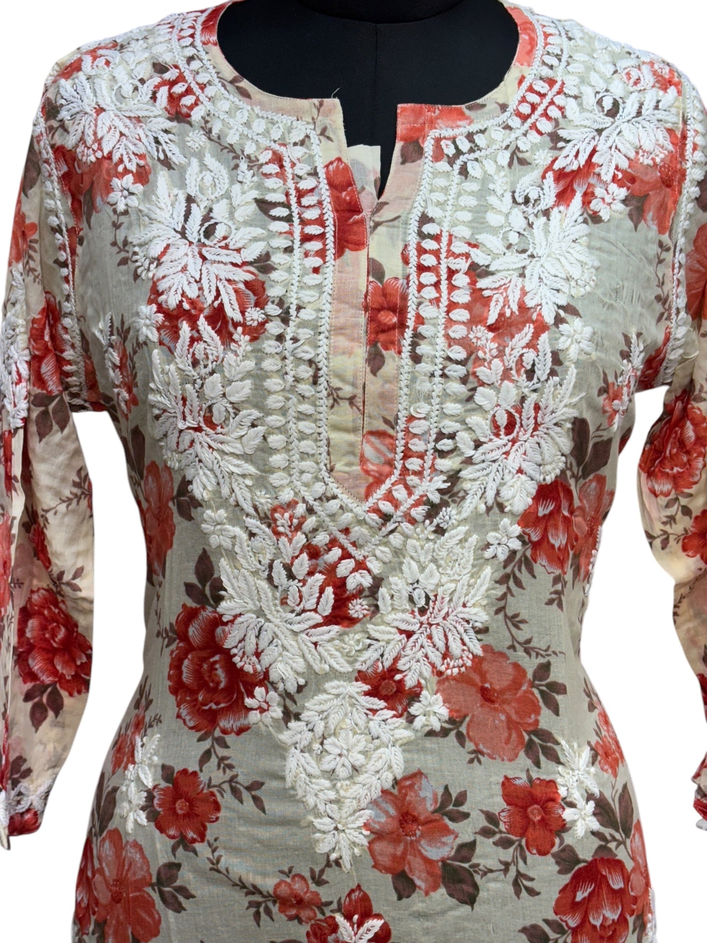Graceful Printed Mulmul Chikankari Kurti with 3D Floral Embroidery