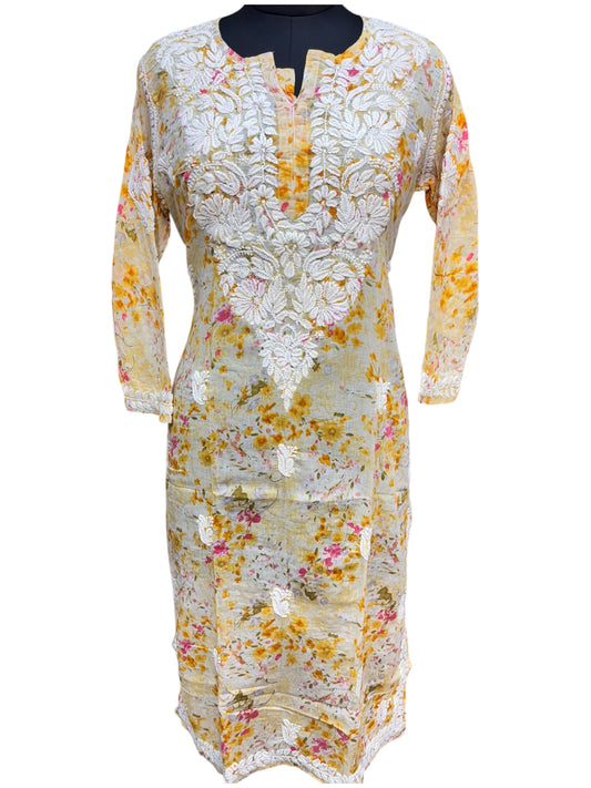 Graceful Printed Mulmul Chikankari Kurti with 3D Floral Embroidery
