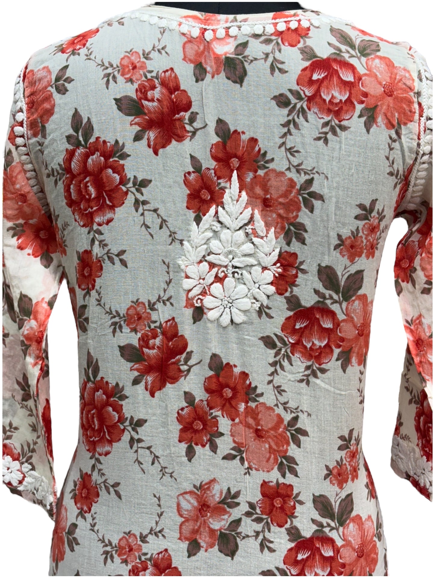 Graceful Printed Mulmul Chikankari Kurti with 3D Floral Embroidery