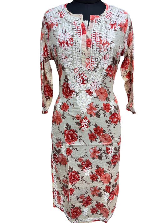 Graceful Printed Mulmul Chikankari Kurti with 3D Floral Embroidery