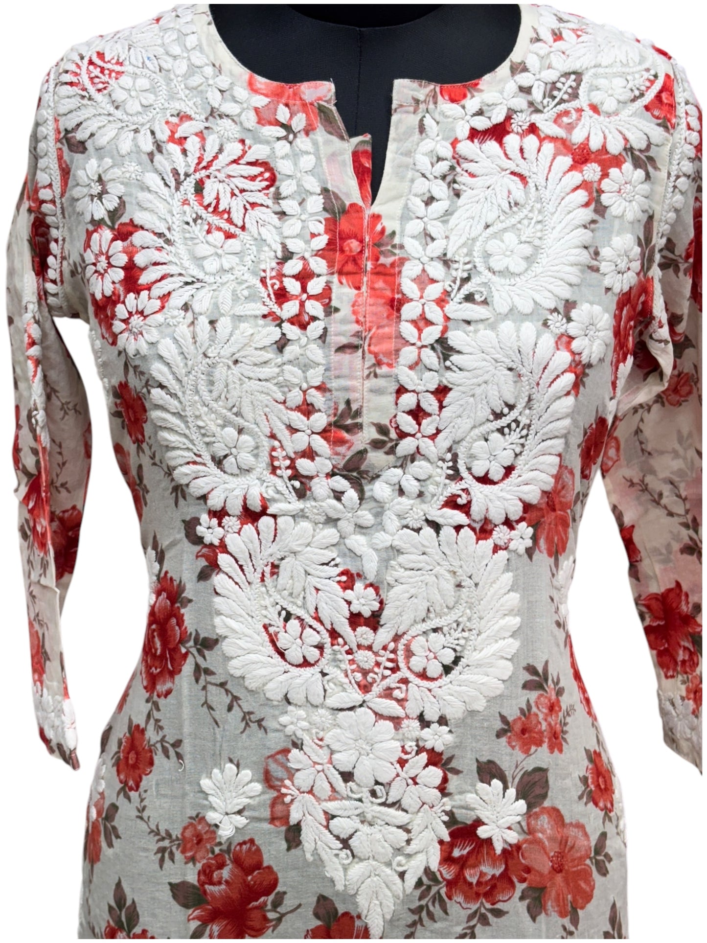 Graceful Printed Mulmul Chikankari Kurti with 3D Floral Embroidery
