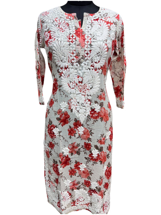 Graceful Printed Mulmul Chikankari Kurti with 3D Floral Embroidery