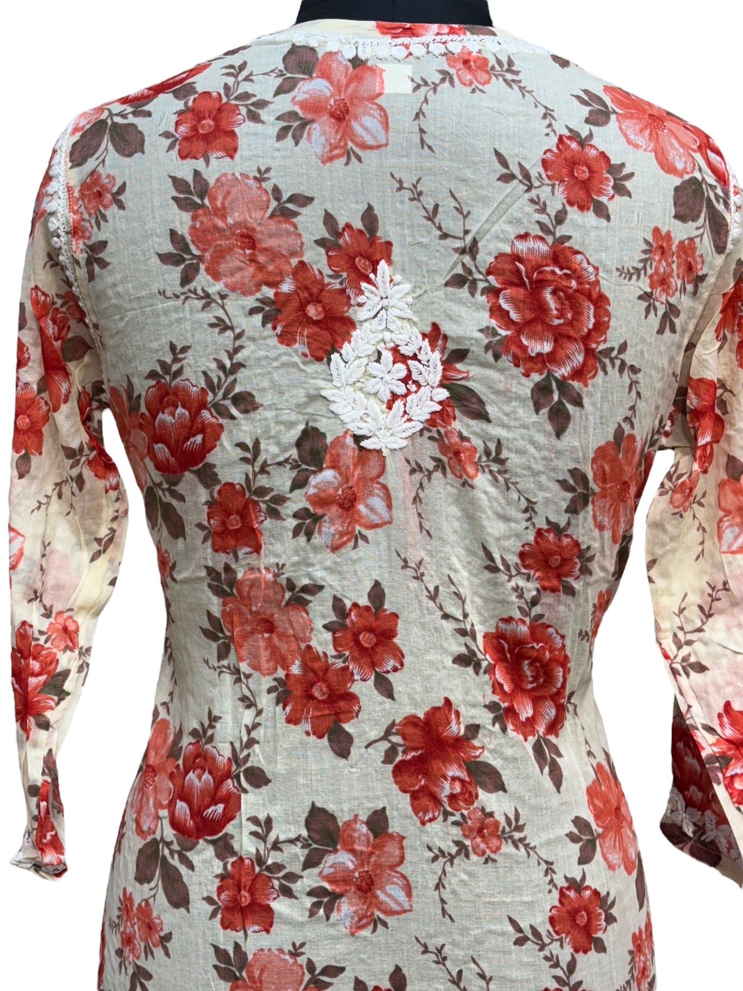 Graceful Printed Mulmul Chikankari Kurti with 3D Floral Embroidery