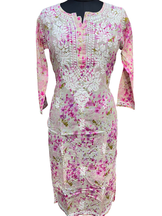 Graceful Printed Mulmul Chikankari Kurti with 3D Floral Embroidery
