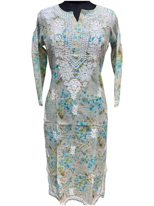 Graceful Printed Mulmul Chikankari Kurti with 3D Floral Embroidery