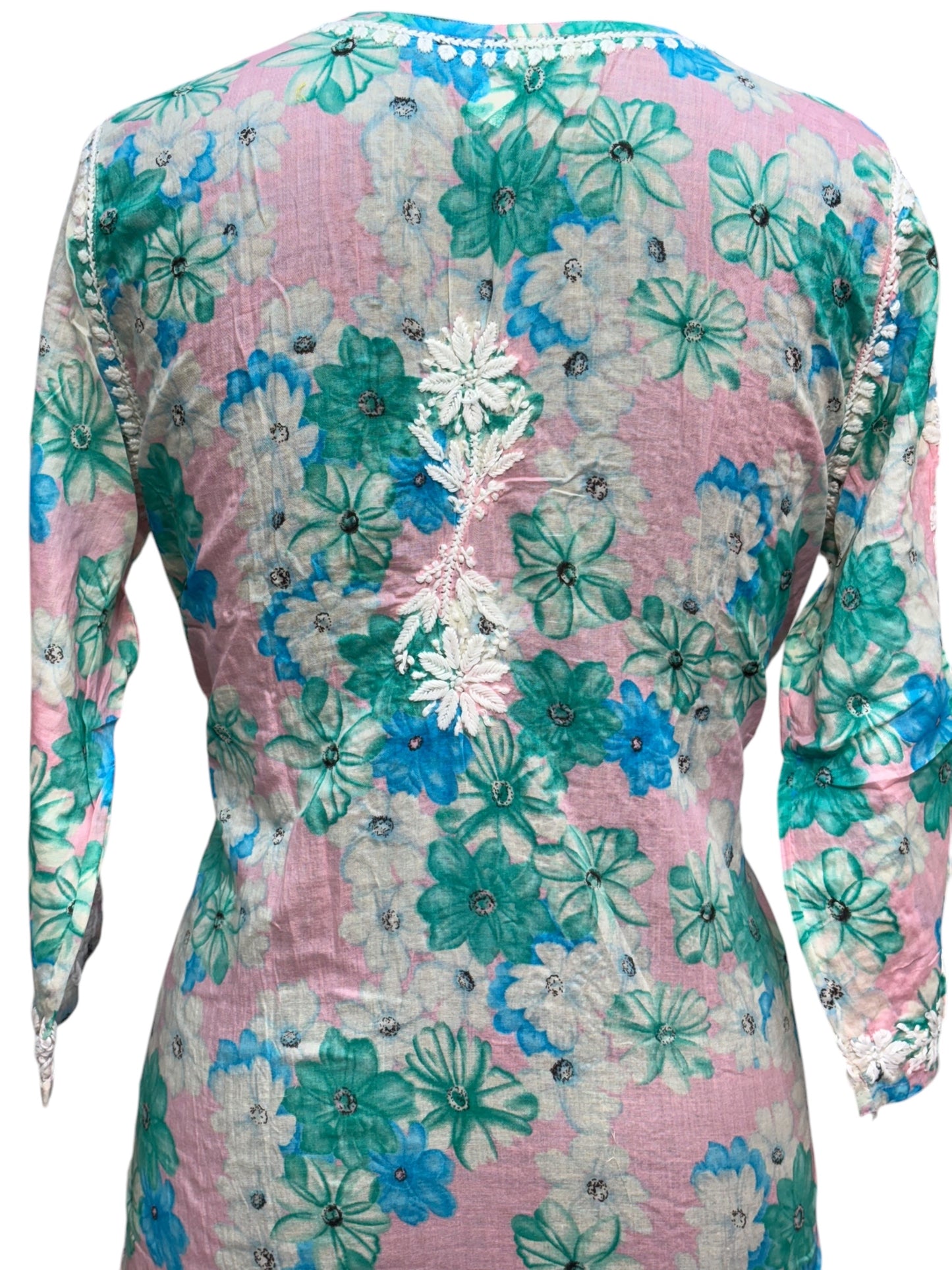 Graceful Printed Mulmul Chikankari Kurti with 3D Floral Embroidery