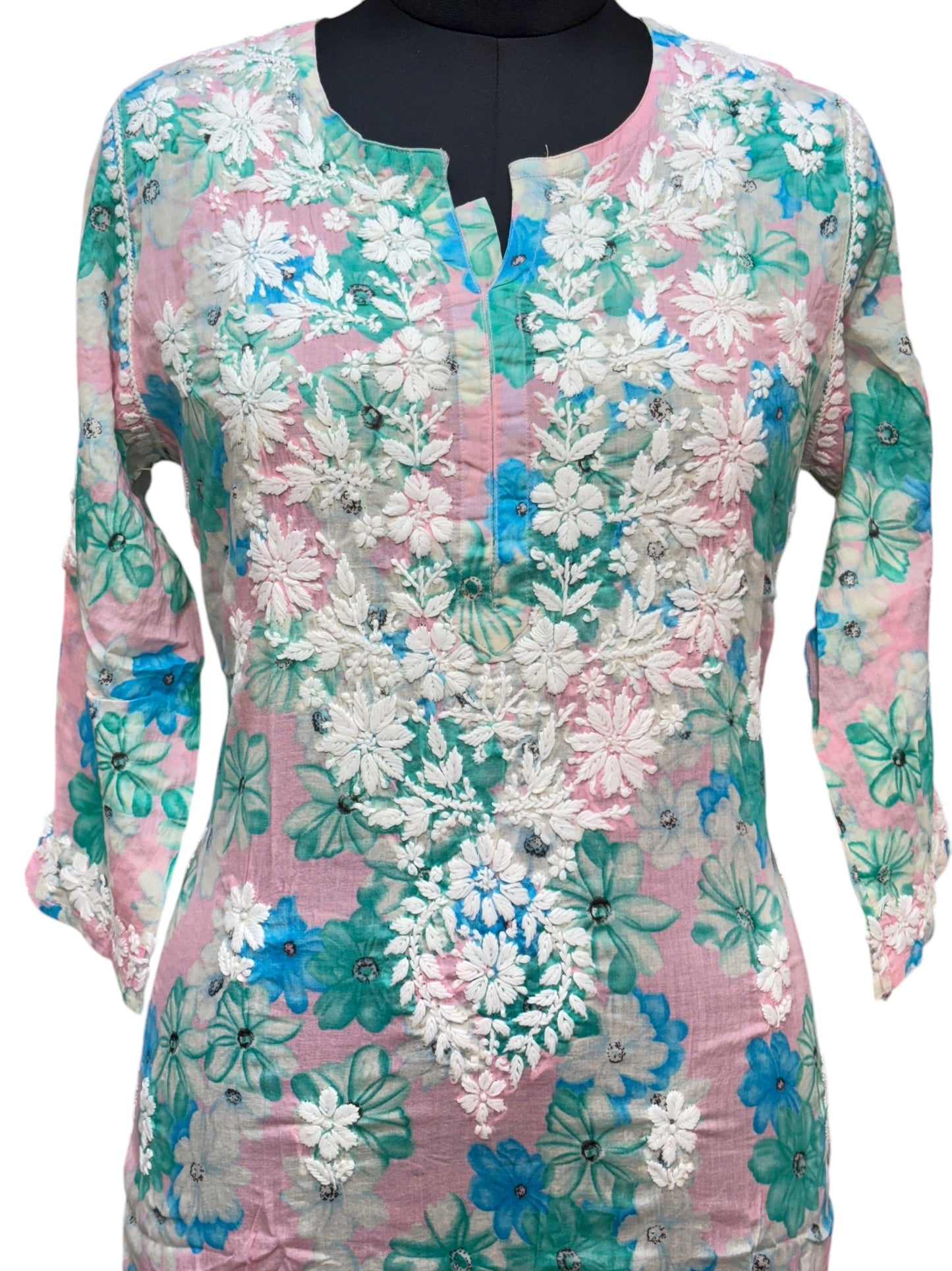 Graceful Printed Mulmul Chikankari Kurti with 3D Floral Embroidery