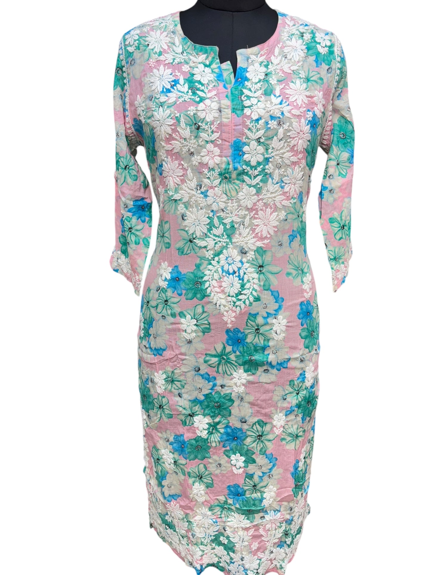 Graceful Printed Mulmul Chikankari Kurti with 3D Floral Embroidery