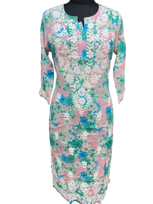 Graceful Printed Mulmul Chikankari Kurti with 3D Floral Embroidery