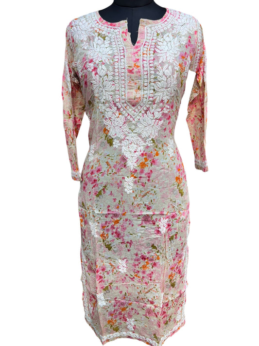 Graceful Printed Mulmul Chikankari Kurti with 3D Floral Embroidery