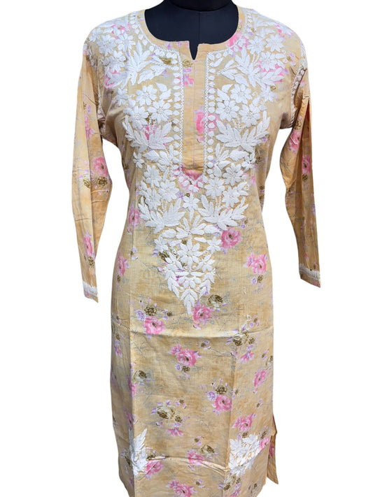 Graceful Printed Mulmul Chikankari Kurti with 3D Floral Embroidery