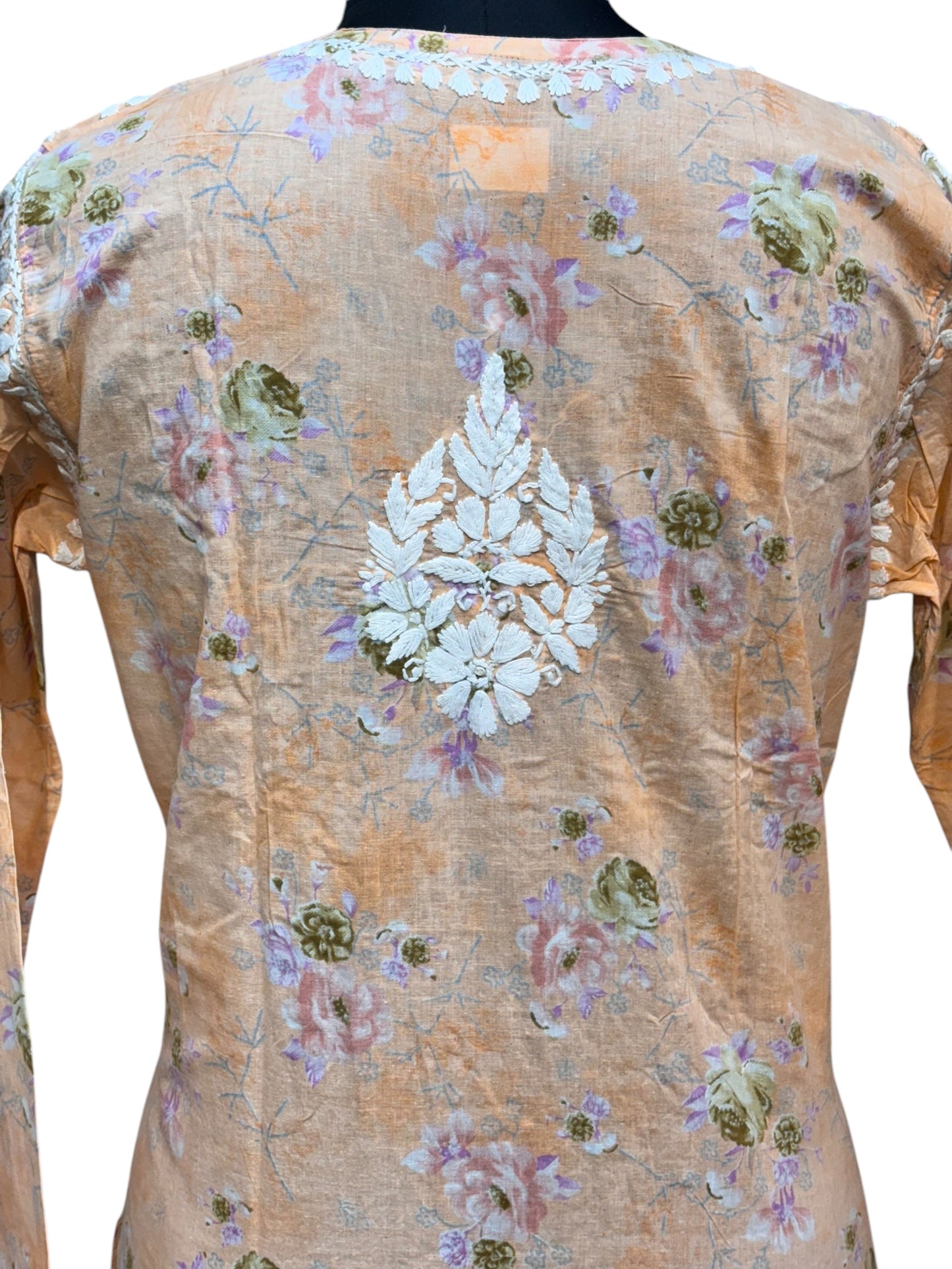 Graceful Printed Mulmul Chikankari Kurti with 3D Floral Embroidery