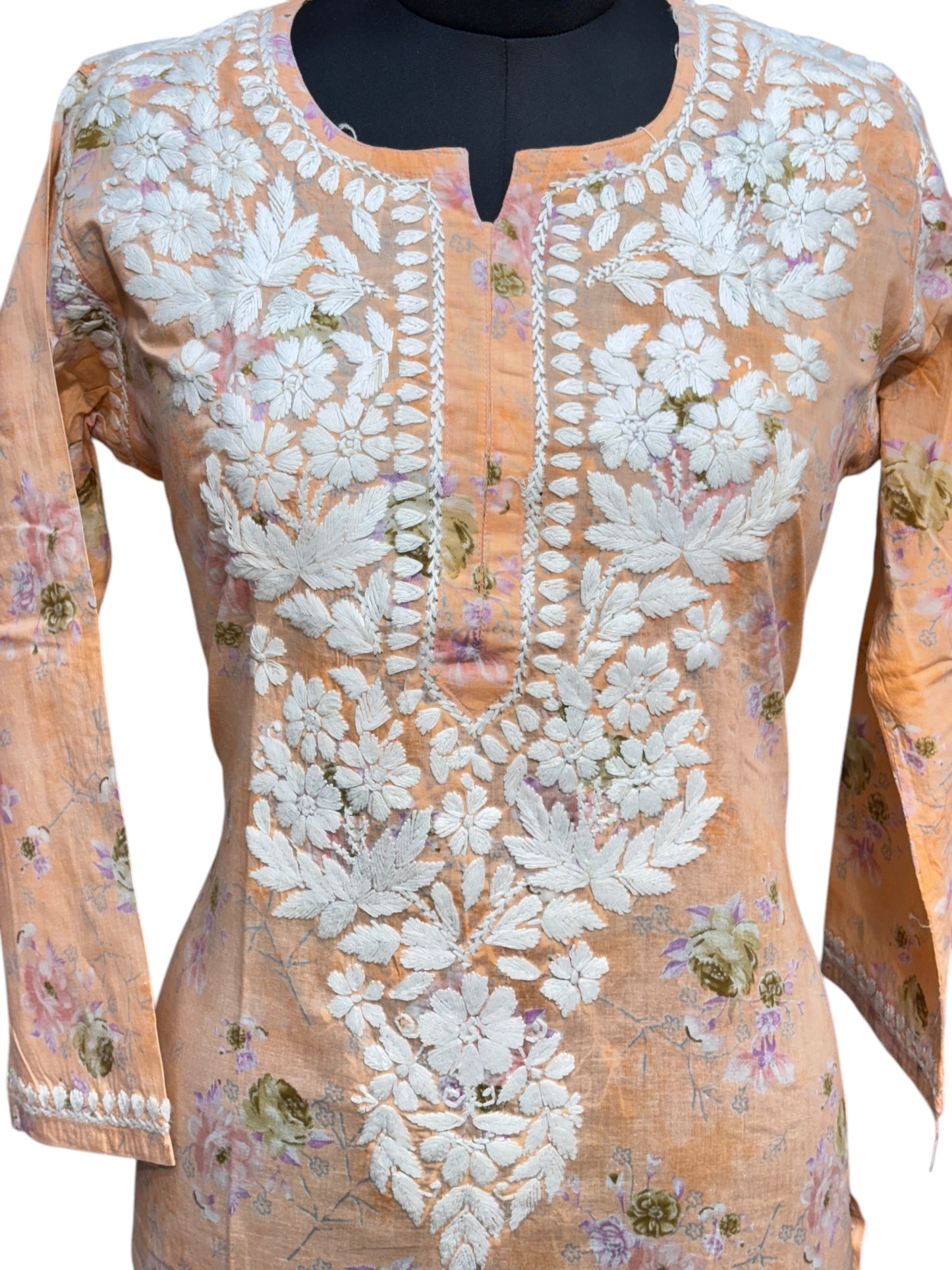 Graceful Printed Mulmul Chikankari Kurti with 3D Floral Embroidery