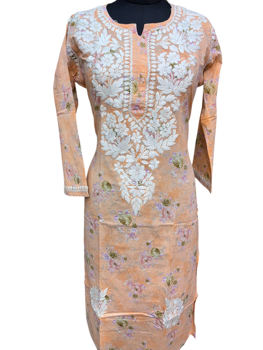 Graceful Printed Mulmul Chikankari Kurti with 3D Floral Embroidery